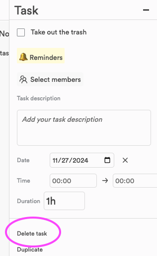 The task details panel with the Delete task button circled at the bottom