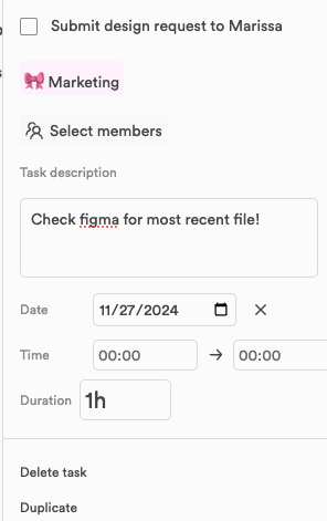 The task details panel: the title, the Marketing project, members, a description, and the date, time and duration fields, with Delete task and Duplicate at the bottom