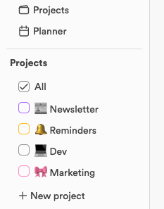 The left sidebar's project list with checkboxes for All, Newsletter, Reminders, Dev and Marketing, and New project at the bottom