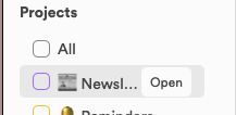 The Open button that appears when you hover over a project in the sidebar