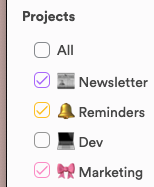The project list with Newsletter, Reminders and Marketing ticked and All unticked