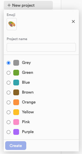 The new project form: an emoji, a project name field, eight colours and the Create button