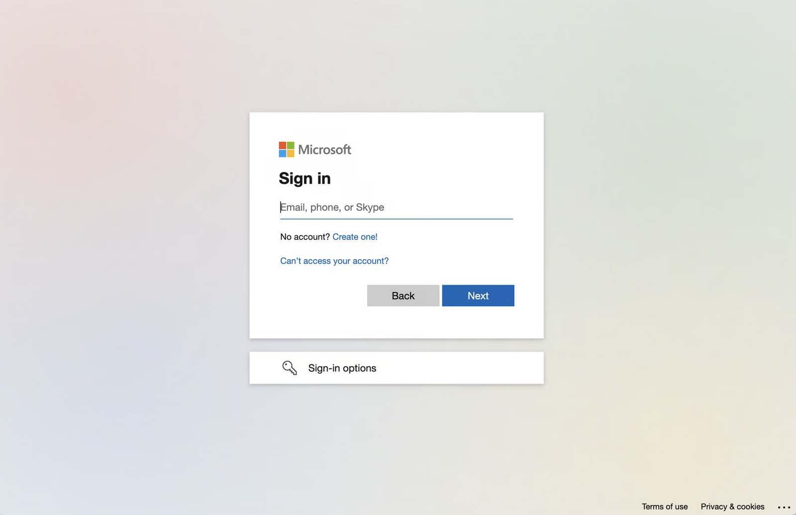 Microsoft's sign-in page, asking for an email, phone or Skype name