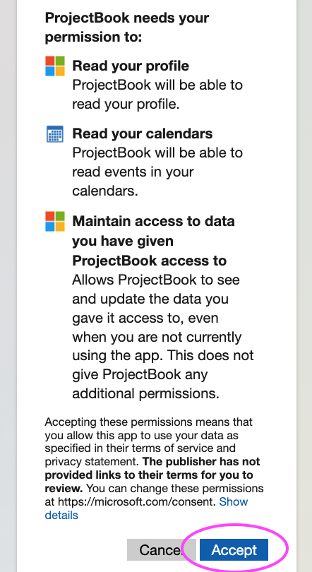 Microsoft's permission request for ProjectBook, with the Accept button circled