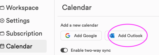 The Calendar tab of Settings, with the Add Outlook button circled