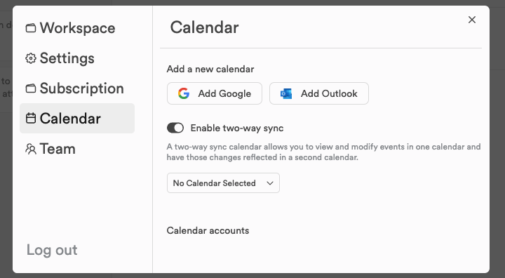 The Calendar tab of Settings with the Add Google and Add Outlook buttons, the two-way sync switch and the Calendar accounts list