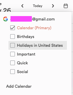 The calendar menu open below the calendar icon, listing a Google account's calendars with checkboxes, and Add Calendar at the bottom