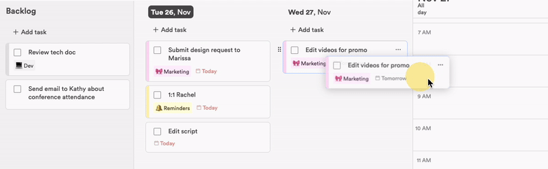 A task being dragged from one day on the planner board towards the day calendar on the right
