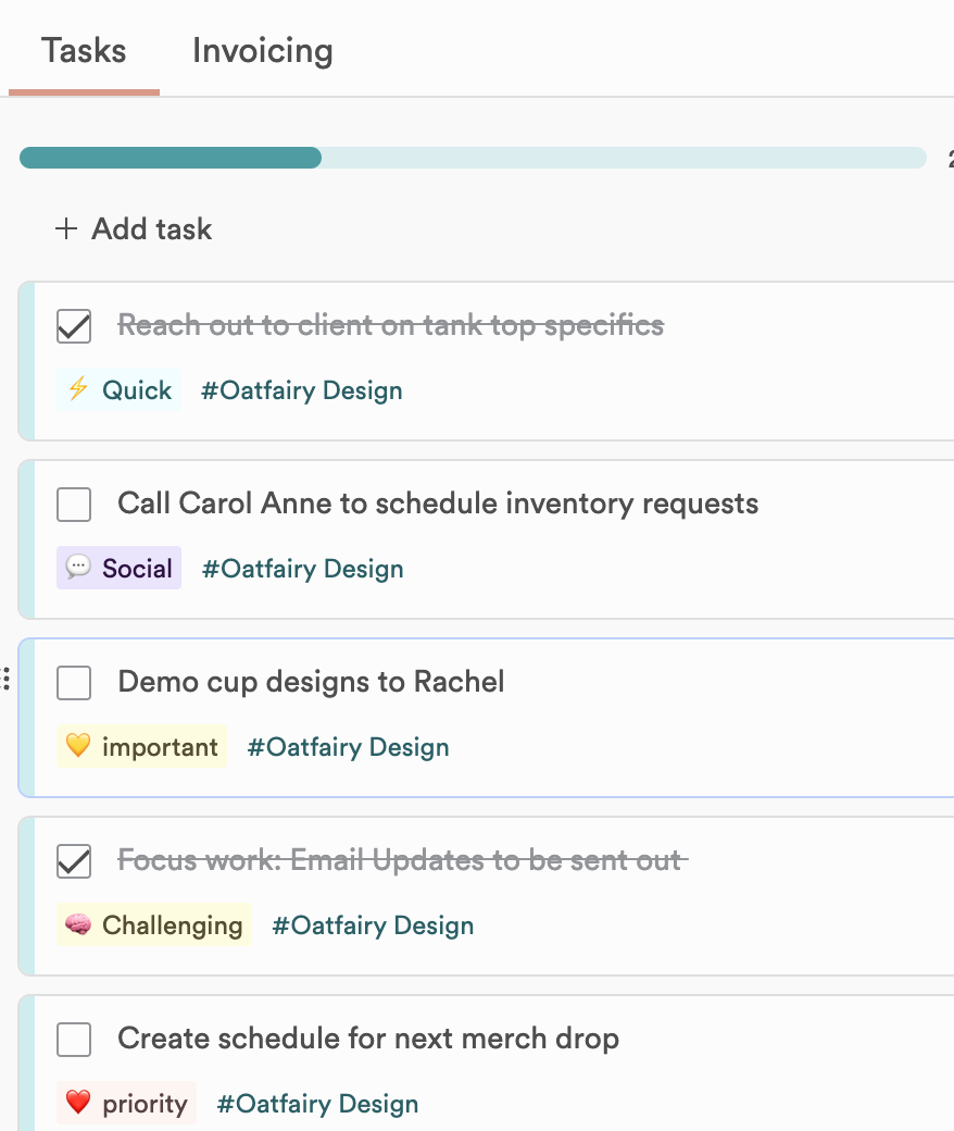 The Tasks tab of a project: a progress bar, the Add task button, and the project's tasks, two of them completed