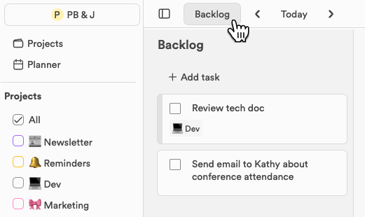 The Backlog button at the top of the planner, with the Backlog column open below it listing two undated tasks