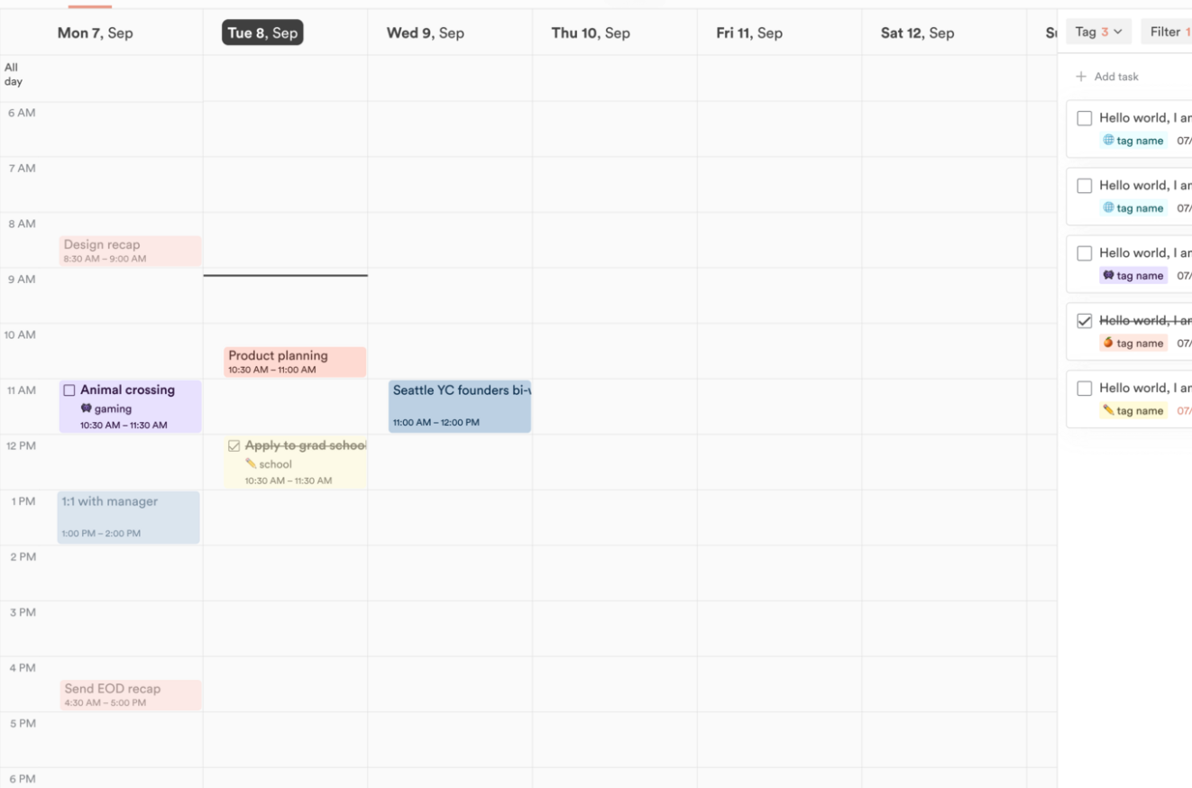 A week in Calendar view from 6 AM to 6 PM, with timed tasks and calendar events in the grid and a task list on the right