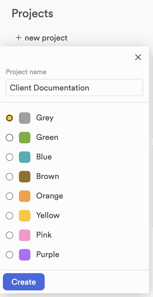 The new project form under the New project button: a project name field, eight colours to choose from, and the Create button