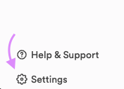 The bottom of the left sidebar, with an arrow pointing at Settings below Help & Support