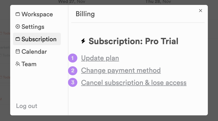The Subscription tab of Settings, with numbered markers on Update plan, Change payment method, and Cancel subscription & lose access