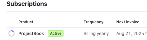 Stripe's billing portal listing an active, yearly ProjectBook subscription and the date of its next invoice