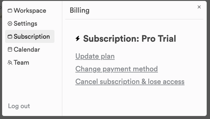 The Subscription tab of Settings, with Update plan, Change payment method, and Cancel subscription & lose access